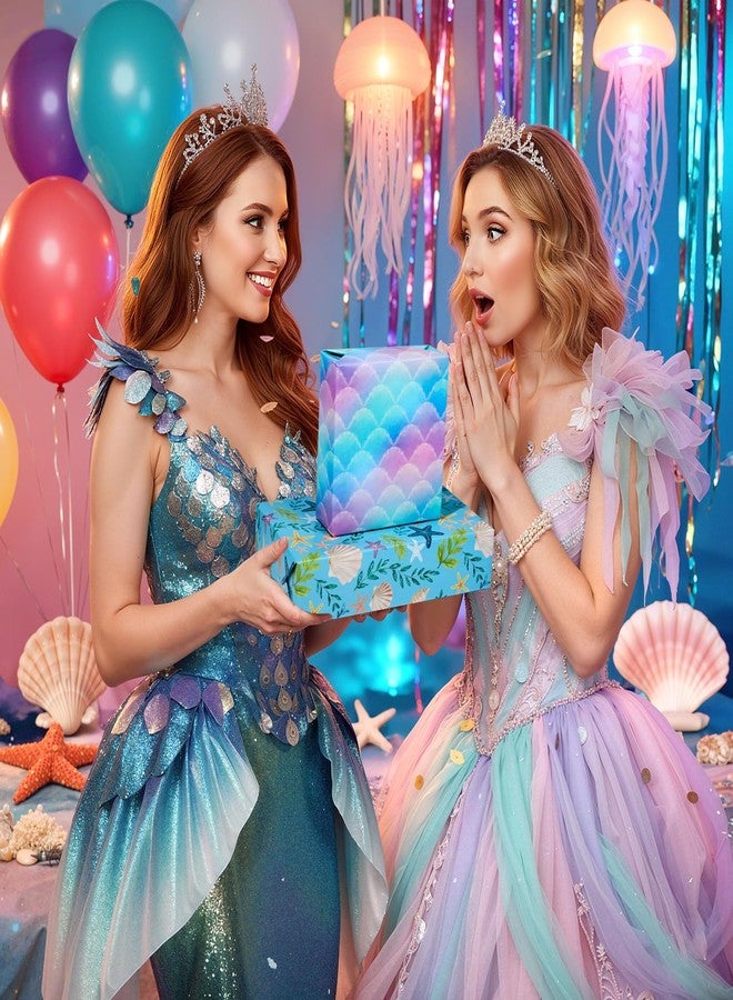 12 ورقة تغليف هدايا بتصميم حورية البحر للبنات والسيدات، ورق تغليف هدايا بتصميم حراشف صدفية باللون الوردي والأرجواني، مناسب لحفلات الزفاف والتخرج والذكرى السنوية، مقاس 27.5 × 19.6 بوصة للورقة الواحدة (حورية البحر). - Image 2